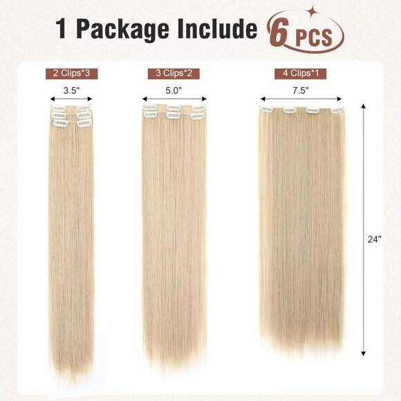 New 6PC Clip-in Hair Extensions 24" Long Straight Synthetic - Ash Blonde - Picture 4 of 5